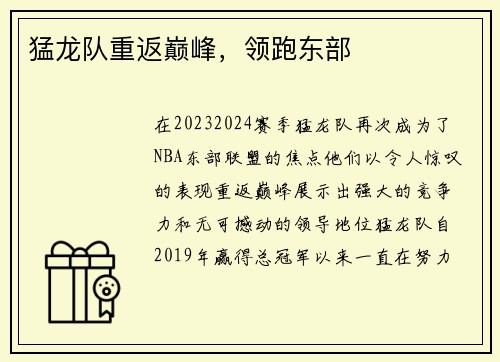 猛龙队重返巅峰，领跑东部