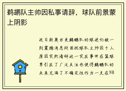 鹈鹕队主帅因私事请辞，球队前景蒙上阴影